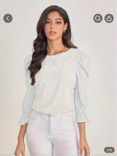 Women's White Swiss Dot Crew Neck Blouse Elegant 3/4 Sleeves