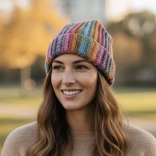 Beanie Hat Ribbed with Cuff Converts To Slouch Hand Crochet One Size Multicolor