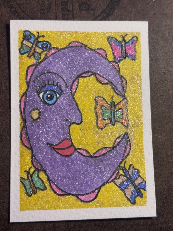 ACEO Crescent Moon And Butterflies Original Marker Stacy Hedrick Art 2.5" X 3.5"