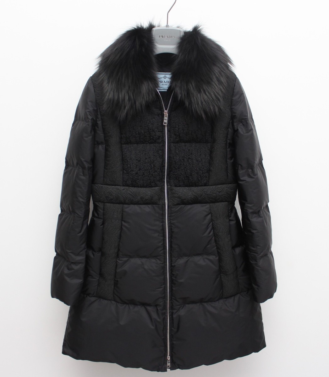 Women's PRADA Luxury Black Down Puffer Jacket Coat Real Fur Trim