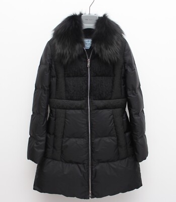 Women's PRADA Luxury Black Down Puffer Jacket Coat Real Fur Trim