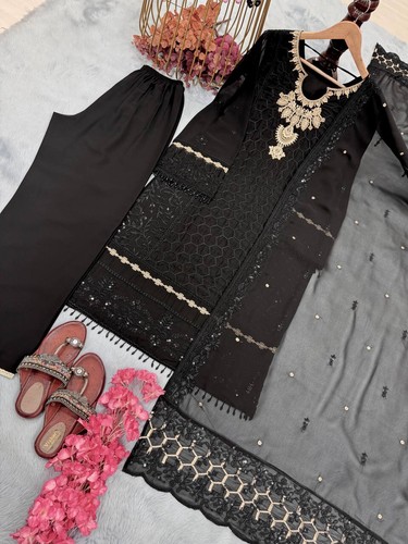 TUTA PALAZZO DESIGNER NERA FINTA GEORGETTE CON DUPATTA PER FUNZIONE - Foto 5 di 14