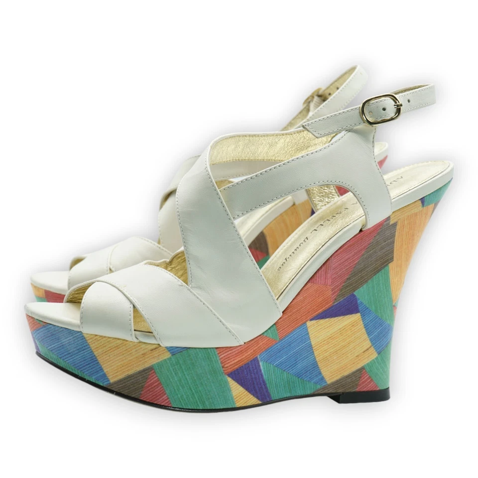 Sandalias de plataforma de cuero beige Adrianna Papell tacón de cuña multicolor talla 8,5 M Foto 4 de 4