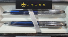 CROSS Revere Blue Lacquer  Polished Chrome Ballpoint Pen  Pencil Set -Blk Ink