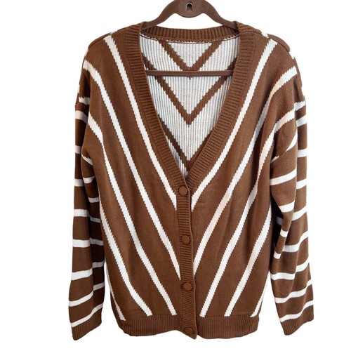Country Club Womens V Neck Stripe Long Sleeve Cardigan Size Medium