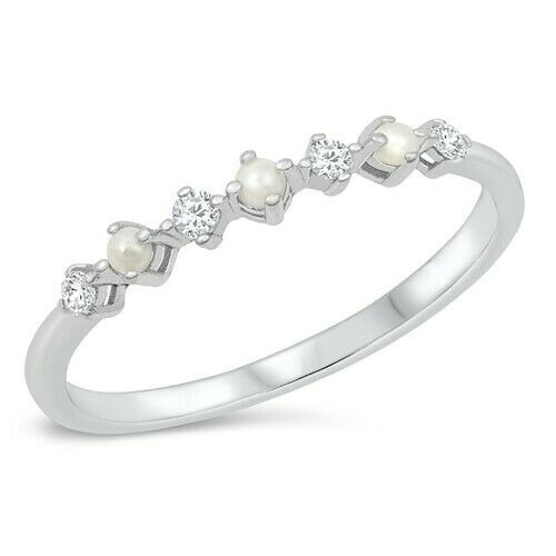 Ring Genuine Solid Sterling Silver 925 Pearl Clear CZ Face Height 4 mm Size 8 - Picture 1 of 1