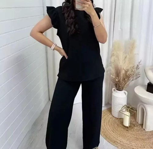 New Ladies Textured Cheesecloth Frill Sleeve Top Trouser Co Ord Loungewear SetUK - Picture 2 of 16