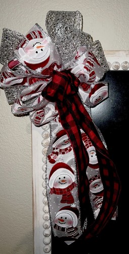 Christmas Swag Bow Sparkly Snowman Handmade For Wreath, Tree Topper 11x24 - Picture 7 of 7