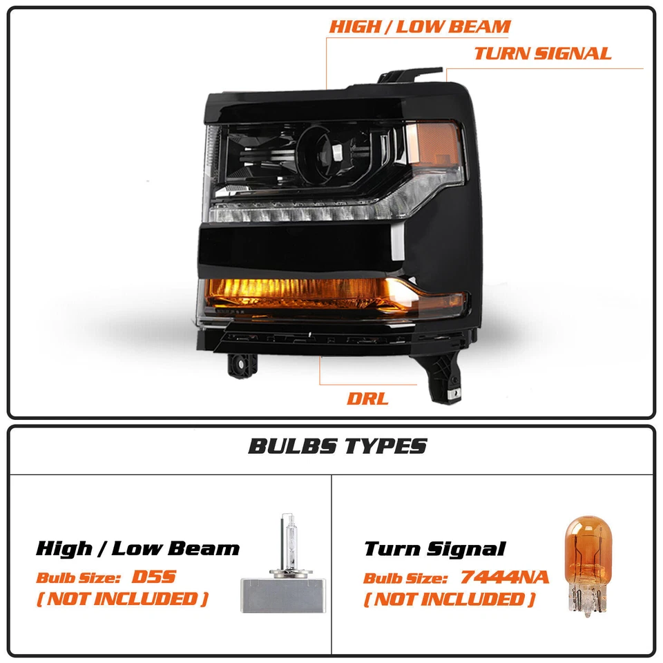 【Negro brillante】Para Chevy Silverado 1500 2016-2018 faros HID/Xenón con LED DRL Foto 2 de 4