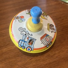 Vintage 1950s Ohio Art Tin Toy Spinning Top Blue Handle Circus Theme WORKS