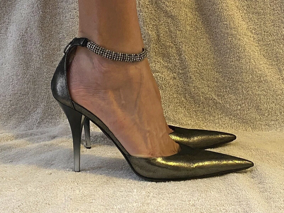 Loriblu 尺寸 9 - 39 尖头高跟鞋深银色施华洛世奇踝带性感 — 第 4/4 张图片