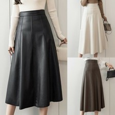 Gonna Midi Donna In PU Ecopelle A Balze Ad Alta Vita Con Zip A-Line Casual