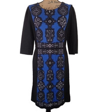Adrianna Papell 12 Dress Black Blue Floral Geo Panel Slimming Stretch Midi Zip