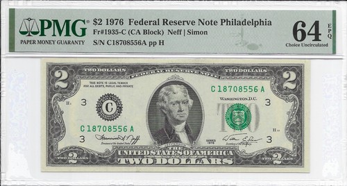 1976 $2 PHILADELPHIA FRN. PMG Choice Uncirculated 64 EPQ Banknote.