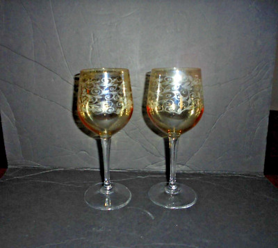 VINTAGE ITALIAN ETCHED SWIRL CRISTALLERI A FRATELLI FUMO STEM GLASSES -SET OF 2