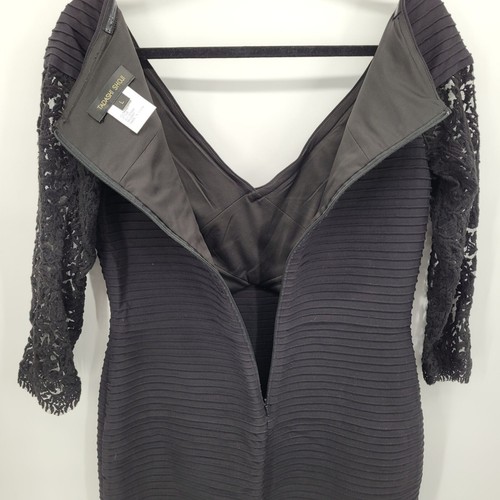 Tadashi Shoji Large Black ribbed v neck bodycon dress lace crochet sleeves NWT - Picture 9 of 11