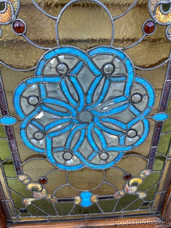 Antique Stained Leaded Glass Window W. Bevels & Jewels Beveled Glass 40