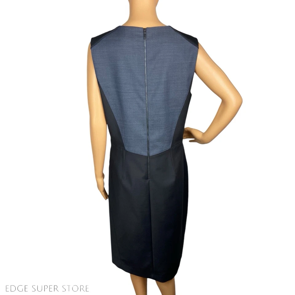 Vestido lápis Elie Tahari azul escuro preto sem mangas gola VNeck com zíper tamanho EUA 6 - Imagem 3 de 4