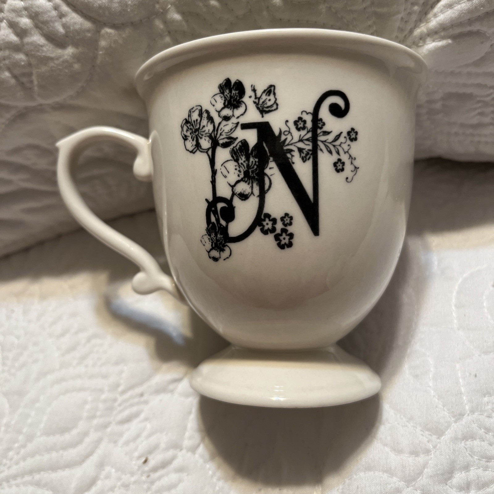 Anthropologie 8 oz White Pedestal Mug Cup Black Letter N Initial Monogram