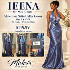 NWT Ieena Mac Duggal 49913 Slate Blue Satin Halter Rosette Backless Gown Size 6