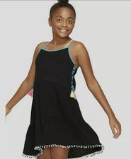 Justice Girls Swimsuit Cover Up 12 Black Adjustable Straps Side Tie Up Pompoms