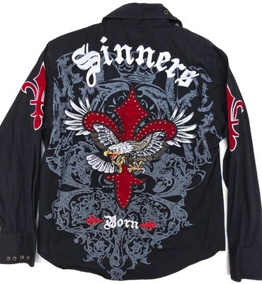 Sinners Born Shirt Mens Large Black Eagle Fleur-De-Lis Long Sleeve Button Rock