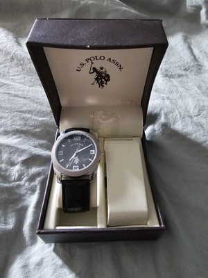 US Polo Assn Mens Watch Black Dial Silver Tone Leather Band New in Box NWT