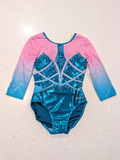 QUATRO Quattro Gymnastics Dance Leotard Small Competition PINK TEAL 3/4 Sleeve