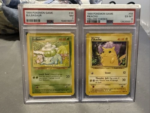 1999 POKEMON GAME YELLOW CHEEKS #58 PIKACHU PSA 6 And 44/102 Bulbasaur Psa 7