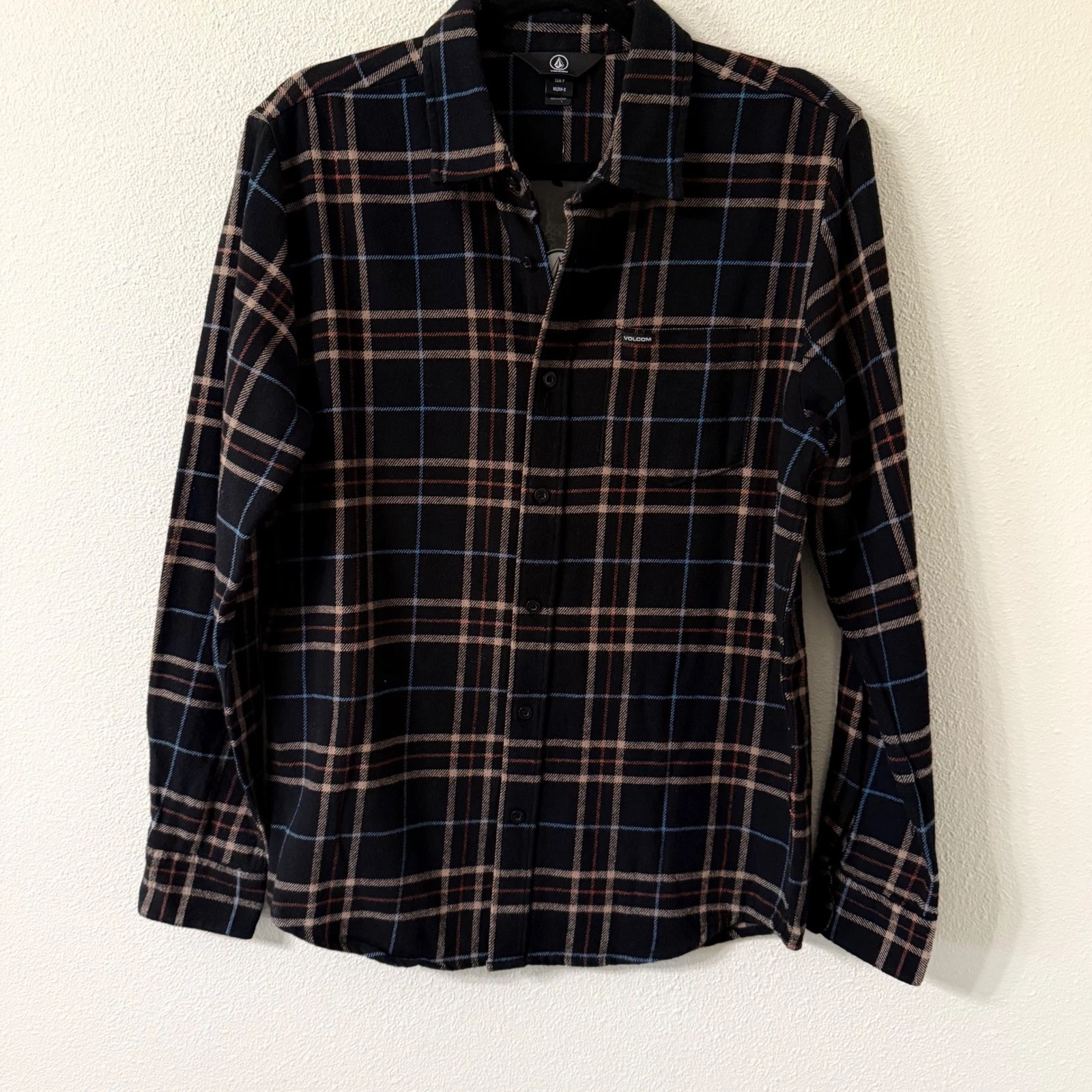 Volcom Leland Flannel LS Mens Grunge Black Plaid Relaxed Button Down Shirt sz SM