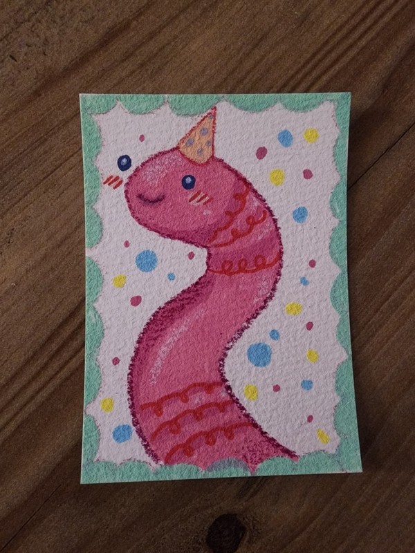 ACEO Original 2.5 inch x 3.5 inch Acrylic Artwork Card Earthworm Birthday 