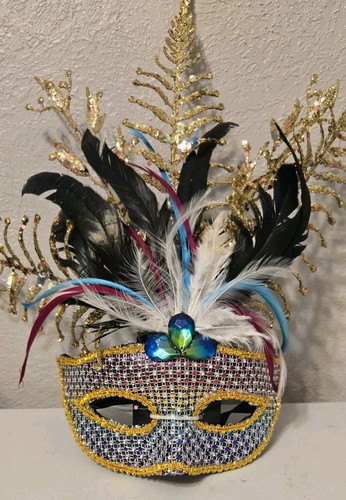 Mask Mardi Gras Harlequin Ball Sequin Feathered Mask Rainbow Festival - Picture 1 of 9