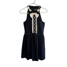 FOREVER 21 TWIST CIRQUE 21 Black Silk Dress Ivory Bow Lace Up Halter S P