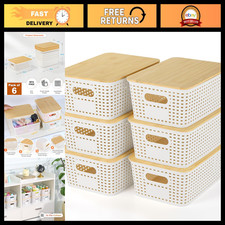 6 Pack Plastic Storage Baskets with Bamboo Lids - Stylish Organization Solution