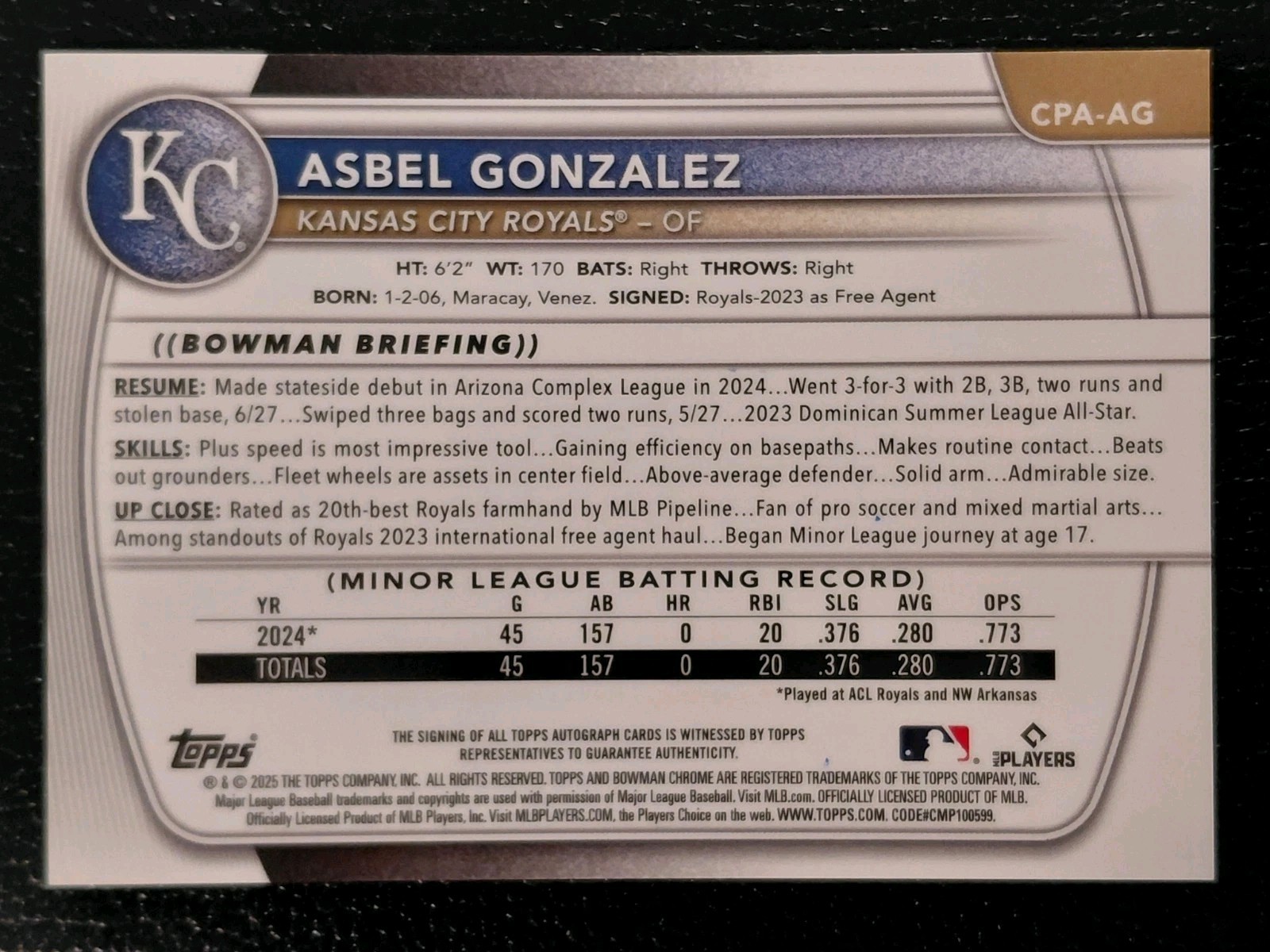 2025 Bowman Chrome Prospect Asbel Gonzalez Auto #CPA-AG view 2
