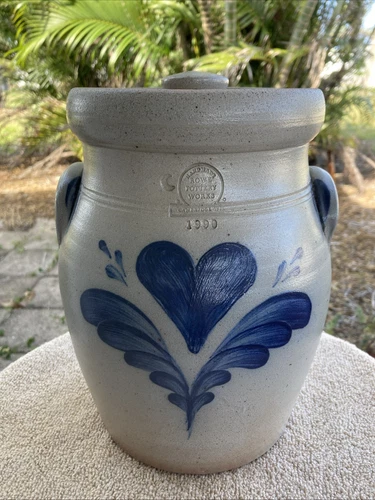Rowe Pottery Works 1990 Cobalt Salt Glaze Heart 9" Lidded Crock Canister * XLNT!