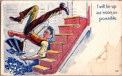 Postcard I Will Be Up Soon As Possible Man Falling Down Stairs Posted 1912