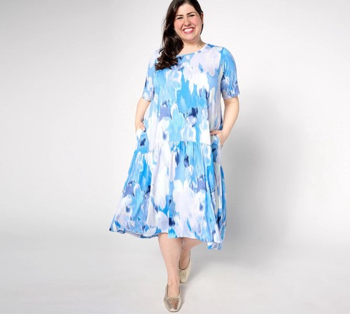LOGO by Lori Goldstein Regular Rayon 230 Elbow Sleeve Dress Size L Blue Combo