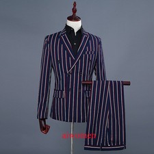 Mens 2 Piece Stripe Suit Double Breasted Peak Lapel Jacket Tuxedo Tailored