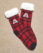 Women  s Red Plaid Christmas Slipper Socks with Initial Monogram - A