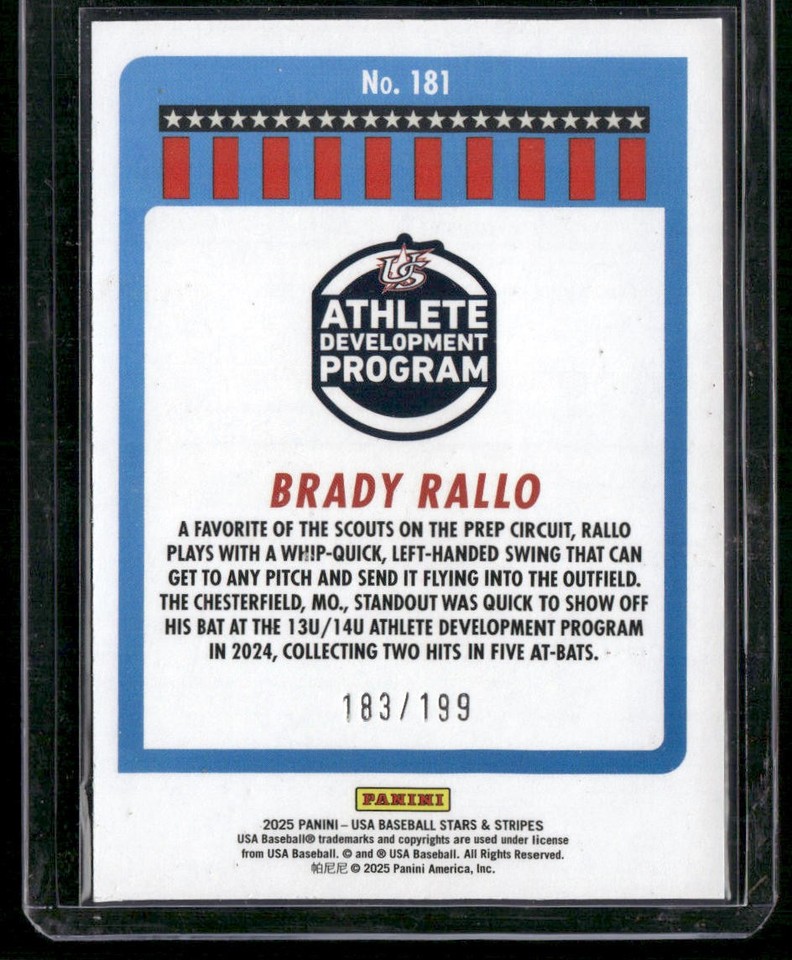 2025 Panini Stars and Stripes USA Baseball #181 Brady Rallo Red #/199 ...