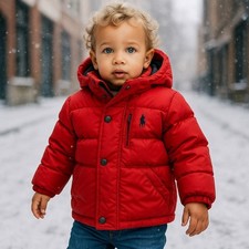 Polo By Ralph Lauren Boys Red Down Puffer Jacket Size 18M Hooded Winter Coat