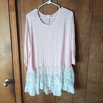 Tea N Rose Women s Pink Long Sleeve Pullover Top White Lace Hem Boho Size Large