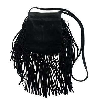 Monserat de Lucca Black Suede Fringe Trim Purse Crossbody Bag Zip Festival Boho