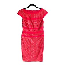 Adrianna Papell Size 6 Red/Orange Cap Sleeve Lace Overlay Sheath Wide Neck Dress