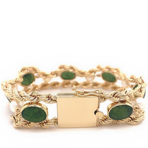 Jade & Pearl Double Rope 14kt Yellow Gold Bracelet - Picture 3 of 11