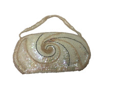Vintage White Sequined Beaded Purse with Handle Zipper Closure 8" x 4.5"