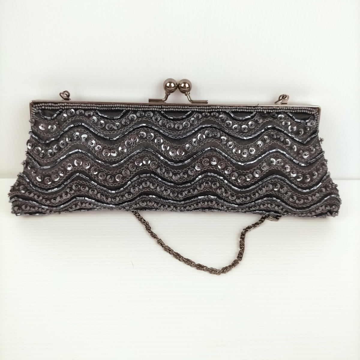 Jendi Beaded and Sequin Clutch Purse Black Handbag Lined Metal