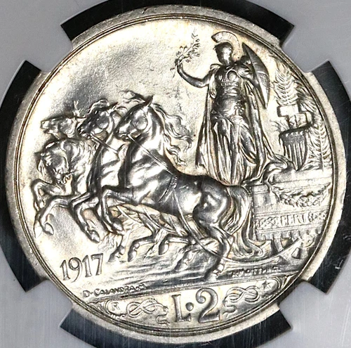 1917 NGC MS 63 Italy 2 Lire Horses Chariot Silver Mint State Key Coin (23041203C