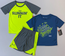 Boy's Youth Under Armour 3 Piece Hustle/Run Short and Shirts Set NEW